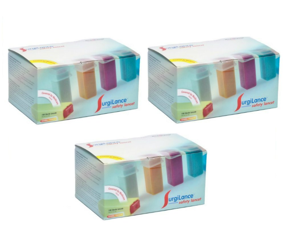 Medipurpose Surgilance safety lancet in orange, medium flow, ideal for fingerstick samples.