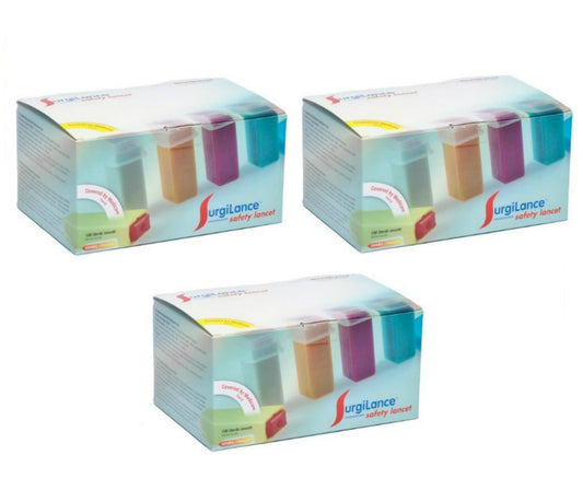 Medipurpose Surgilance safety lancet in orange, medium flow, ideal for fingerstick samples.