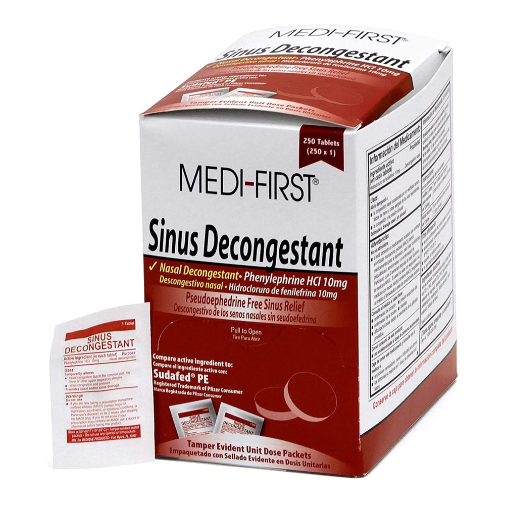 Medique 80948 sinus decongestant tablet bottle offering non-drowsy nasal relief.