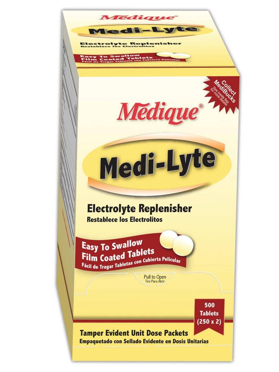 Medique Medi-Lyte heat relief tablet pack — convenient electrolyte support for hot days.