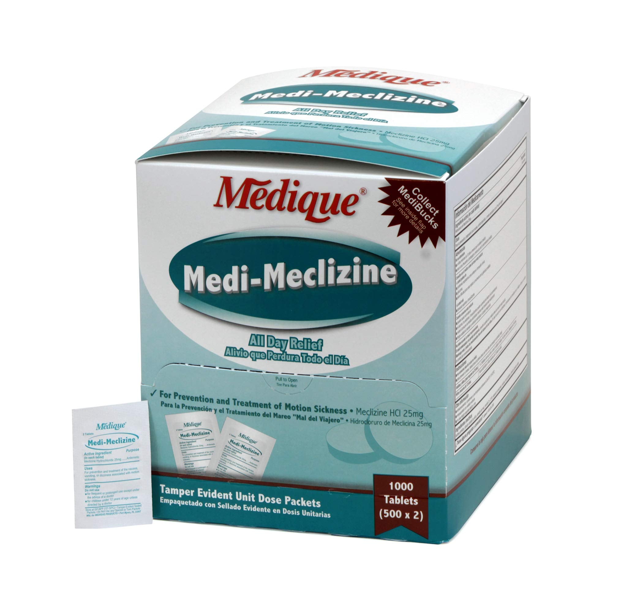 Medique Medi-Meclizine motion sickness pills in tamper-evident packaging, travel-friendly relief.