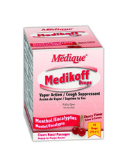 Medique Medikoff cherry cough drop with menthol vapor soothes throat irritation.