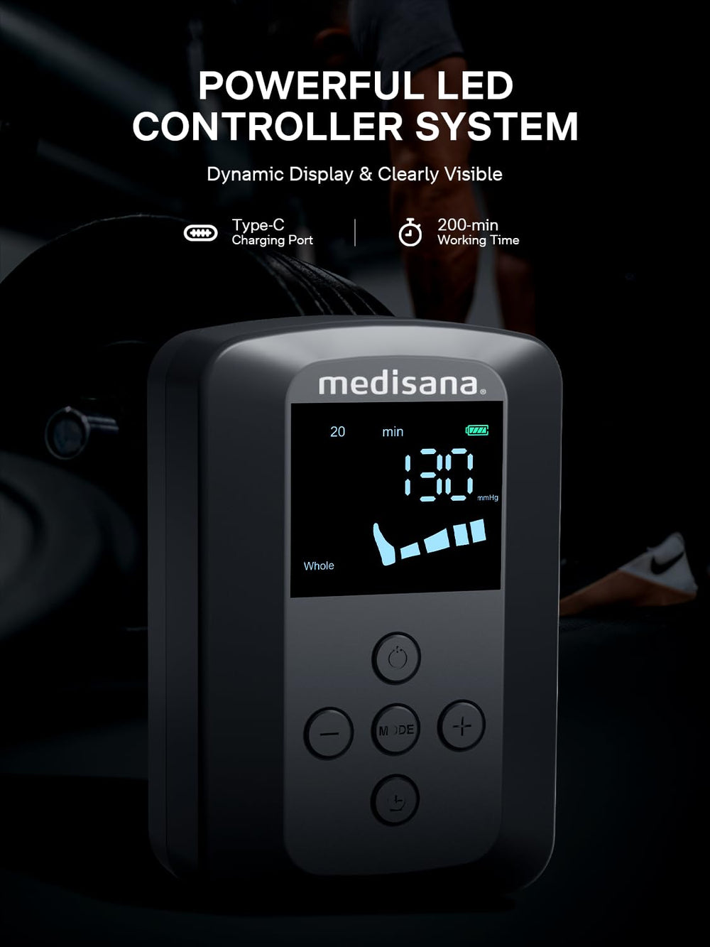 Medisana customizable modes include sequence, circulation, and whole leg