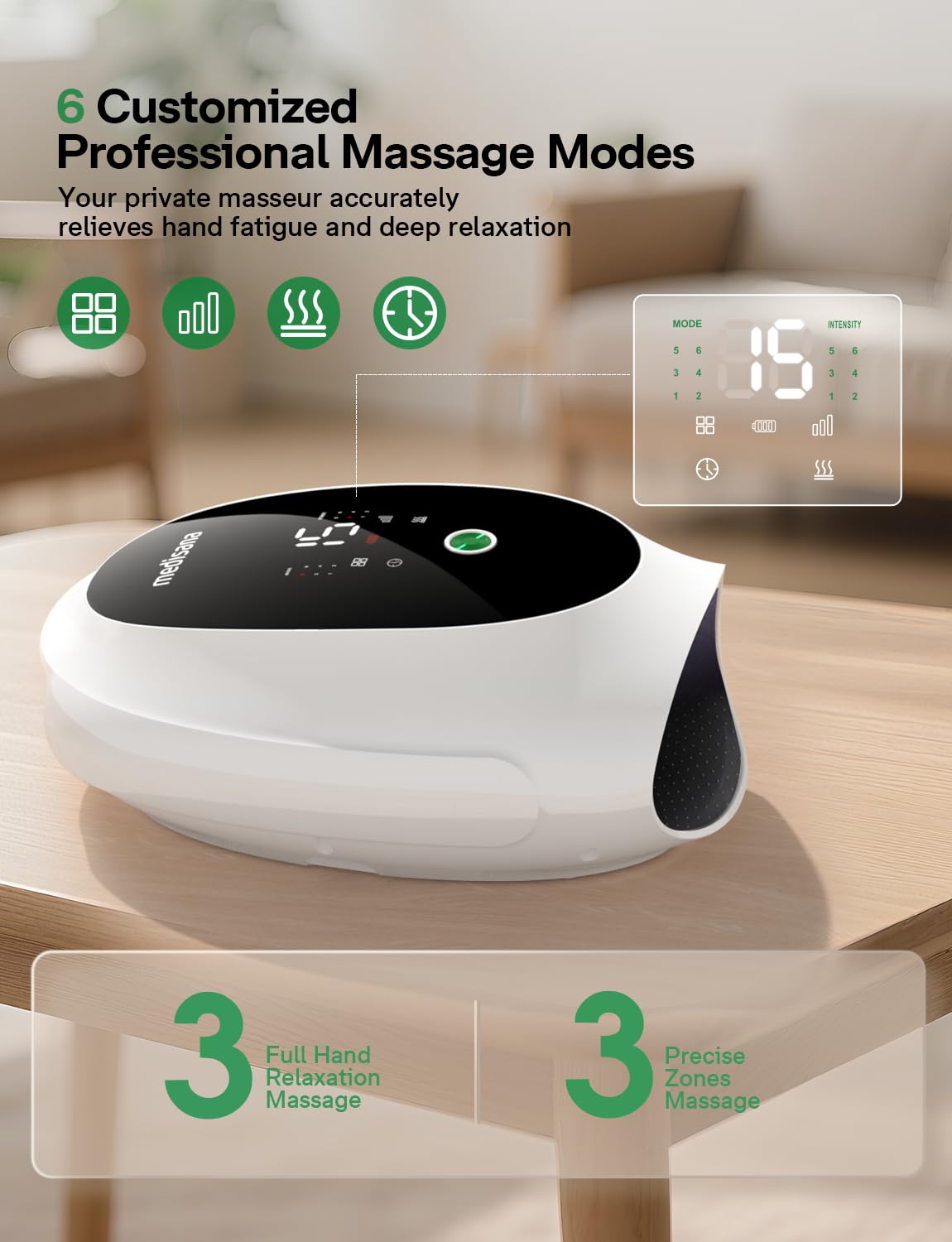 Medisana Hand Massager control panel demonstrates 6 modes and adjustable intensity for customization.