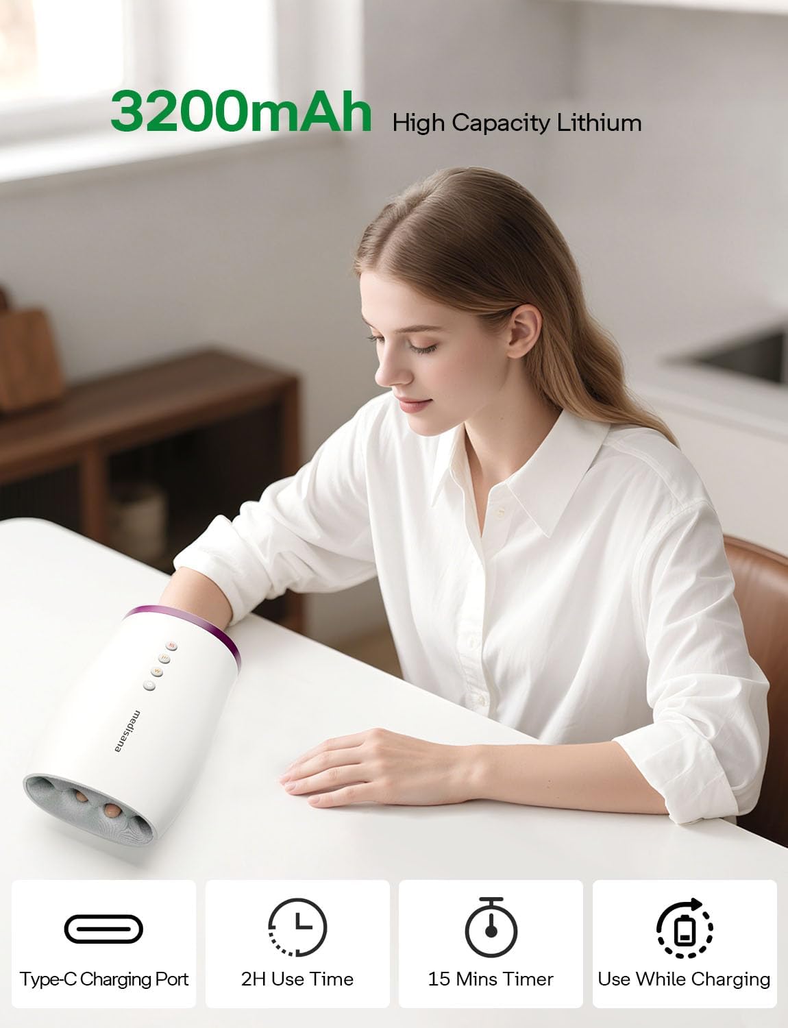 Medisana hand massager heat function to soothe stiffness and warm joints.