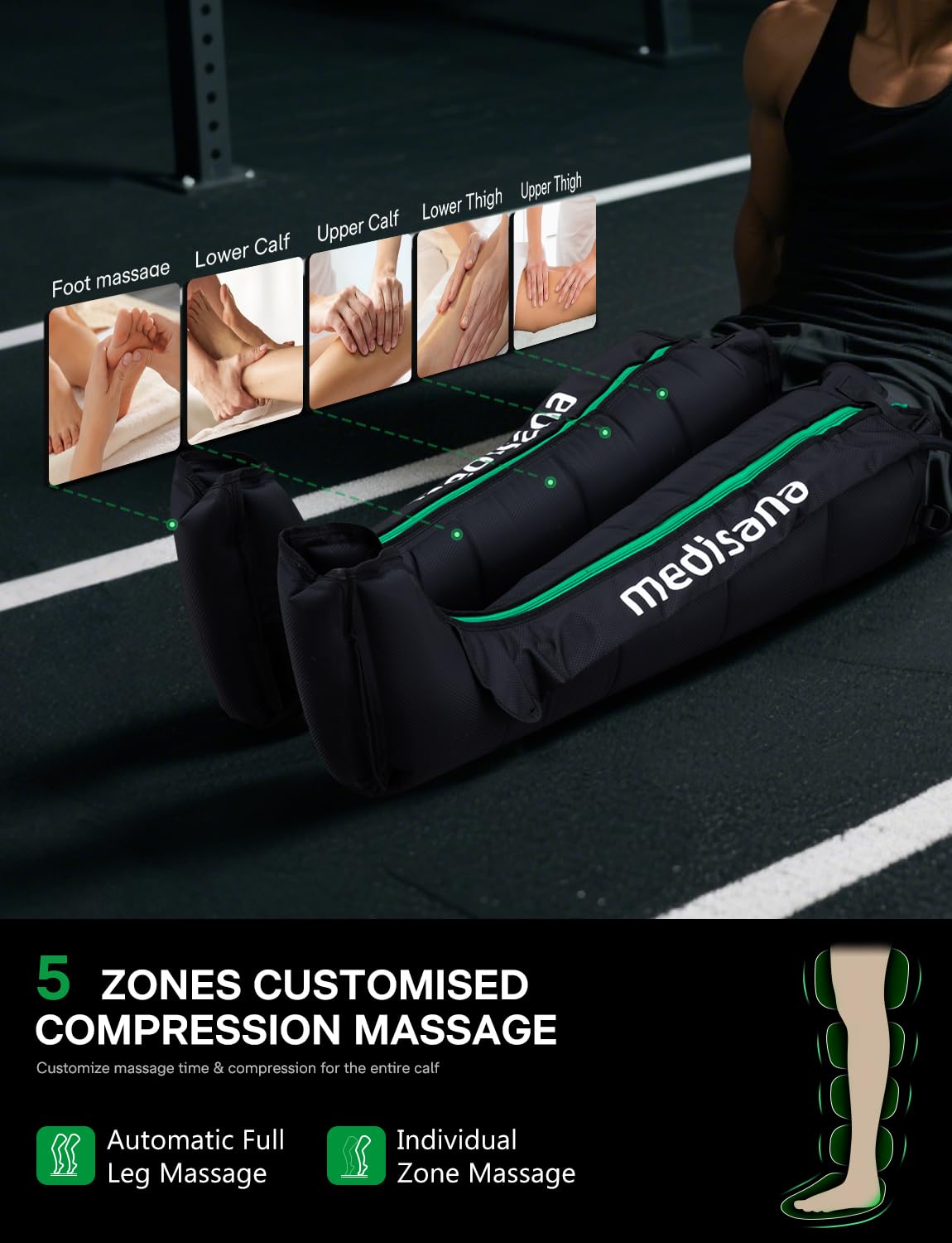 Medisana leg compression massager demonstrates 6 modes and 7 intensity levels for customizable sessions.