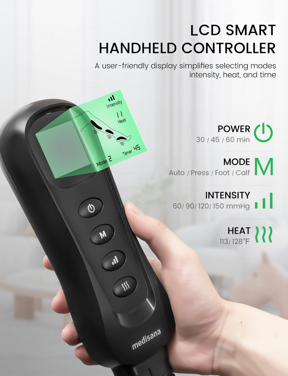 Medisana leg massager heat levels provide comforting warmth during recovery.