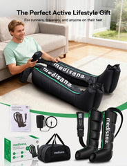 Medisana leg massager in-use showing comfortable wrap and fit.
