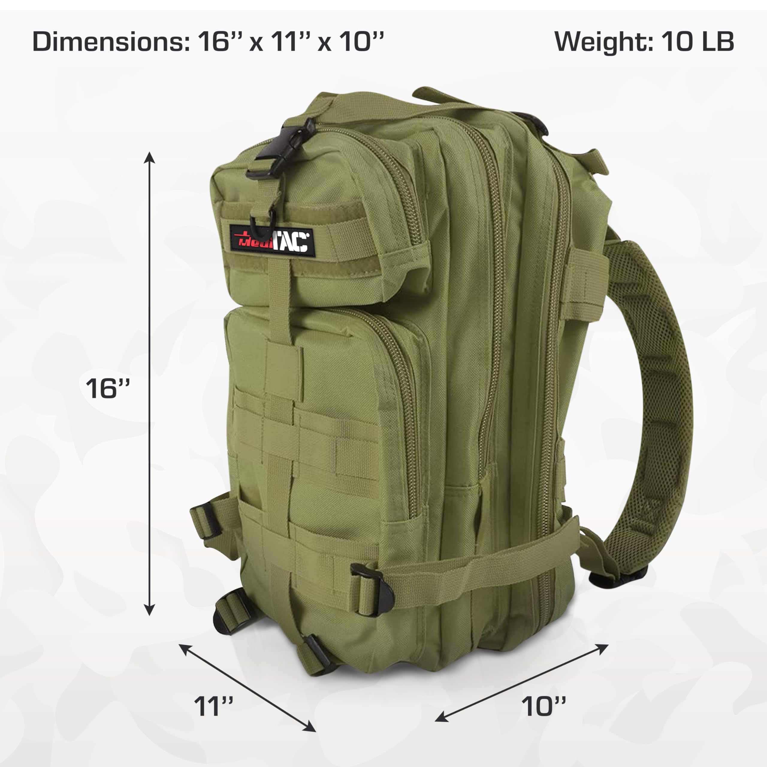 MediTac rucksack straps and hip belt stabilize heavy gear.
