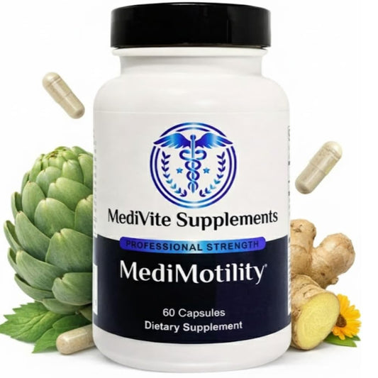 MediVite MediMotility bottle on a clean surface offering gentle digestive support after meals.