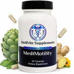 MediVite MediMotility bottle on a clean surface offering gentle digestive support after meals.