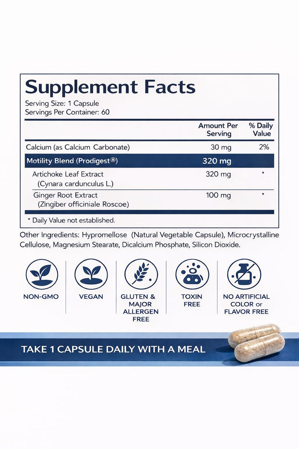 Close-up of MediMotility capsules highlighting plant-based formula for gut comfort.