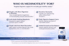 Packaging front view communicates vegan, non-GMO, and free-from details of MediMotility.