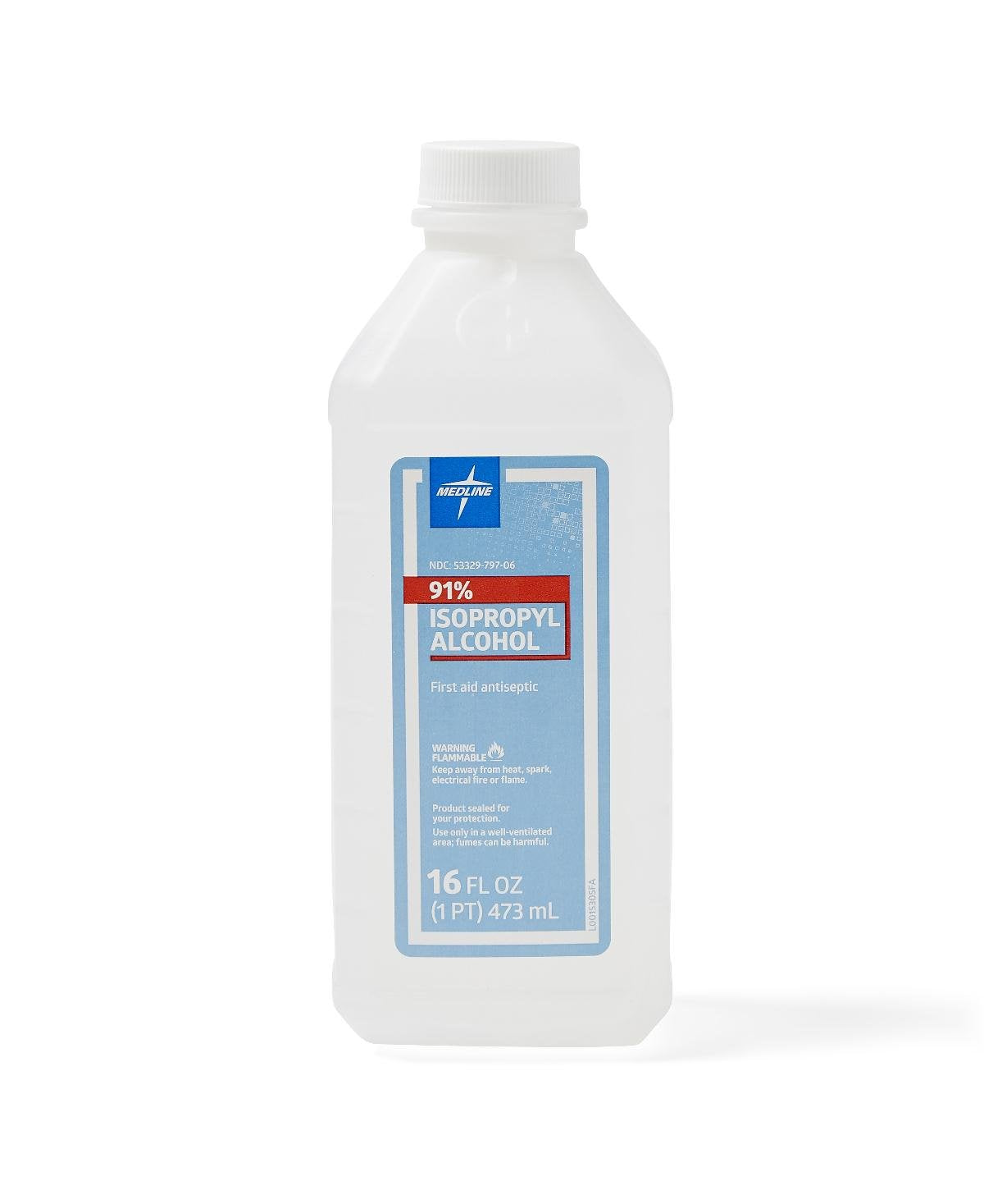 Medline 91% isopropyl rubbing alcohol bottle for quick disinfection and first aid use