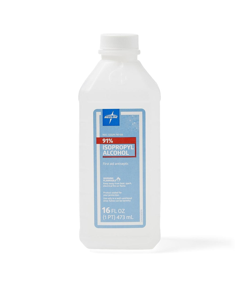 Medline 91% isopropyl rubbing alcohol bottle for quick disinfection and first aid use