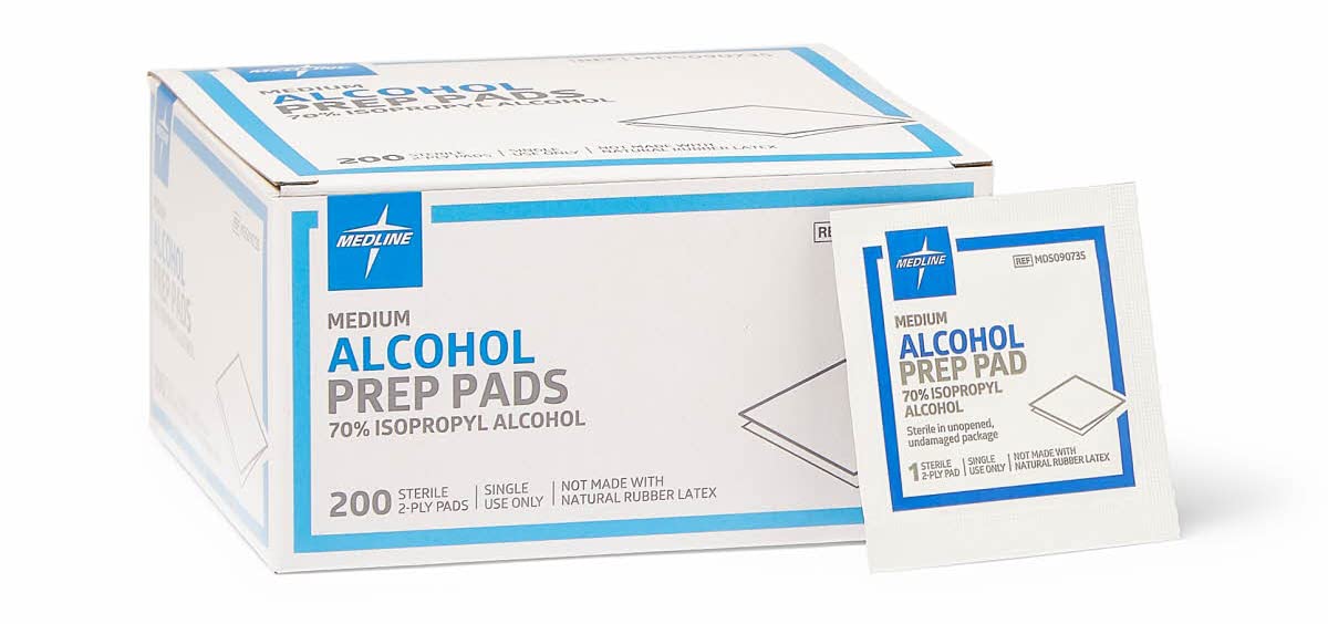 Medline alcohol prep pads sterile two-ply close-up showing clean, ready-for-injection prep.