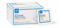 Medline alcohol prep pads sterile two-ply close-up showing clean, ready-for-injection prep.