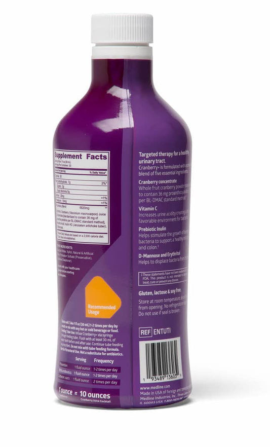 Medline Cranberry+ liquid pour showing easy dosing for daily urinary health