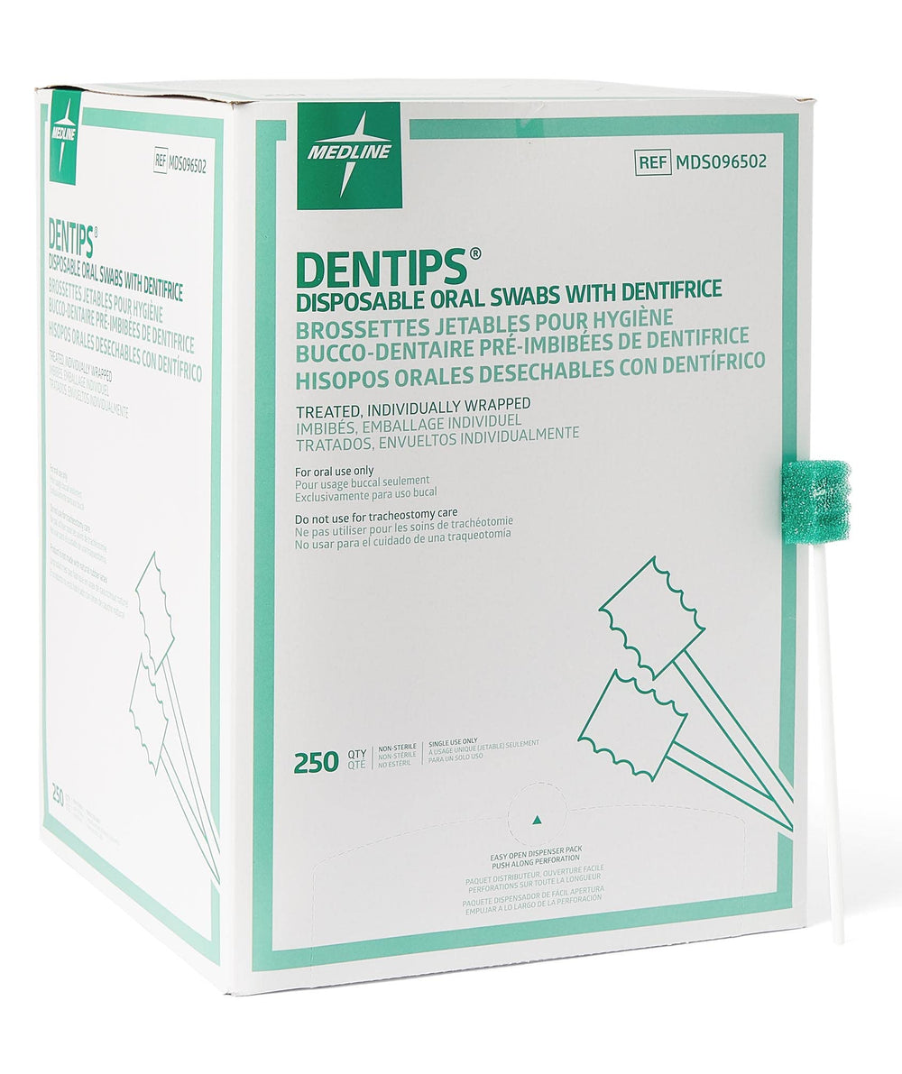 Medline Dentips disposable swabsticks in green packaging for hygienic one-time use.