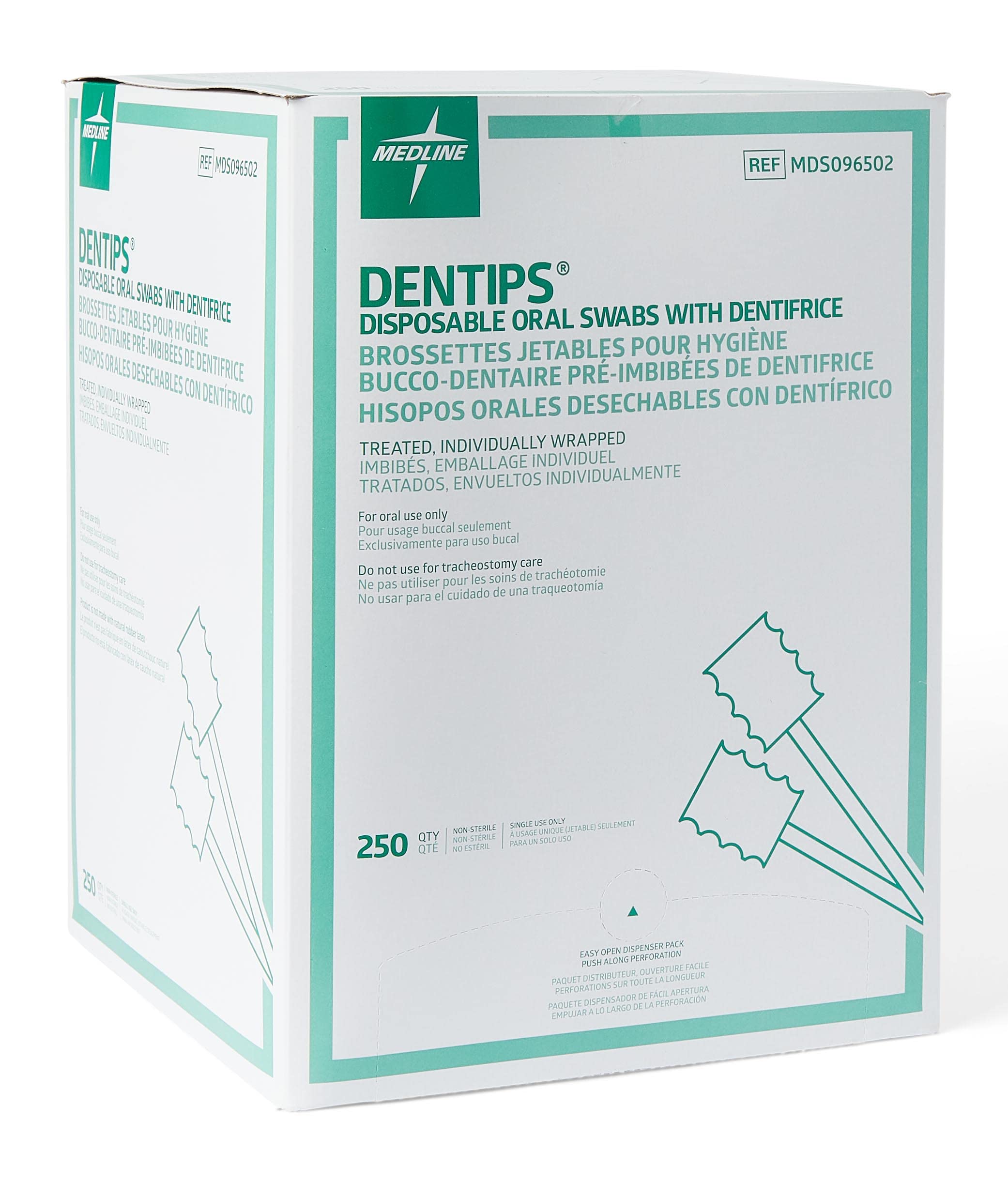 Medline Dentips mint dentifrice-treated swabstick close-up showing refreshing formula.