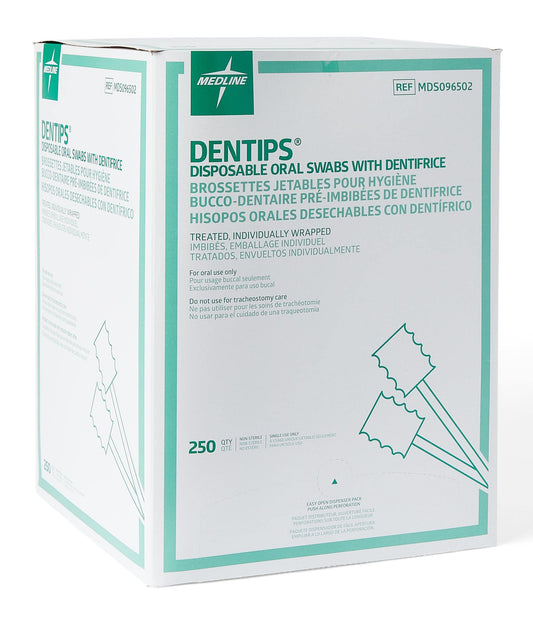Medline Dentips mint dentifrice-treated swabstick close-up showing refreshing formula.