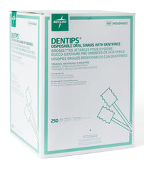 Medline Dentips mint dentifrice-treated swabstick close-up showing refreshing formula.