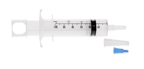 Medline enteral feeding syringe with elongated tip for precise tube feedings and water flushes.