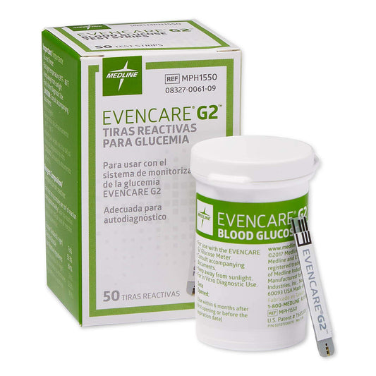 Medline EvenCare G2 test strip inserted into the meter for quick results.