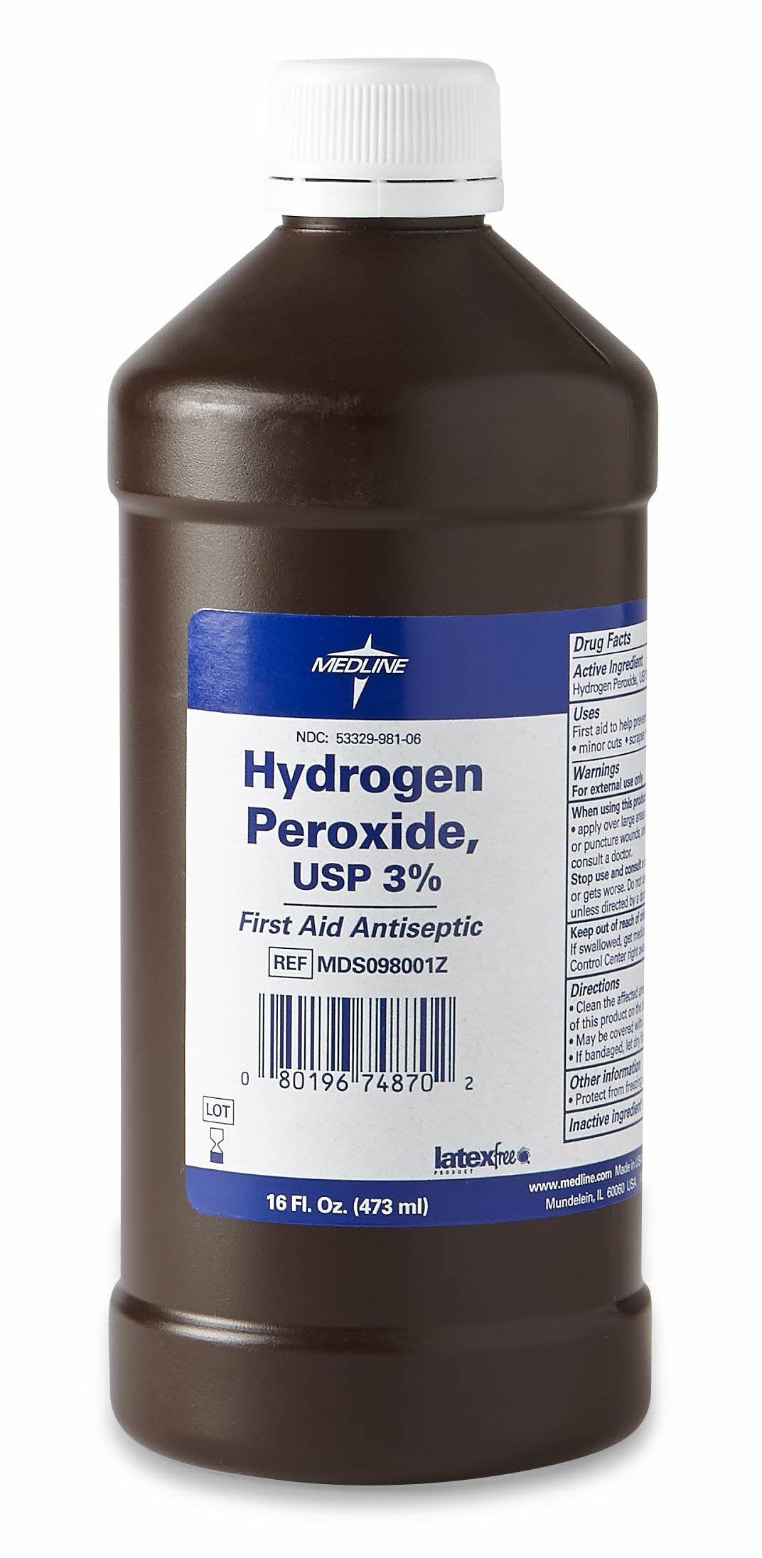 Medline hydrogen peroxide 3% USP 16 oz bottle pour for wound cleaning and first aid prep