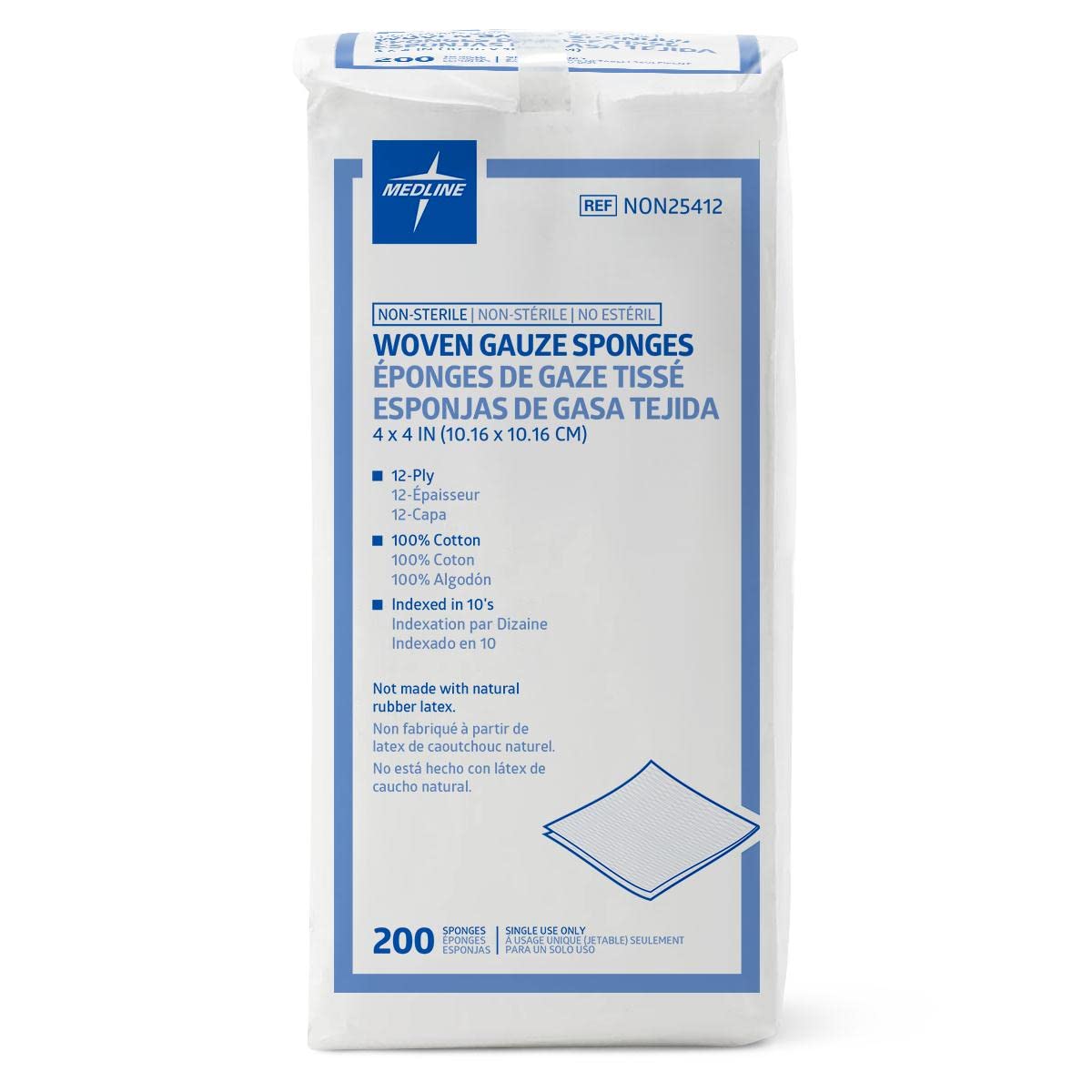 Medline NON25412 woven 12-ply gauze sponge, 4x4 inch image, ideal for gentle wound cleansing