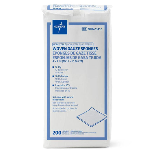 Medline NON25412 woven 12-ply gauze sponge, 4x4 inch image, ideal for gentle wound cleansing