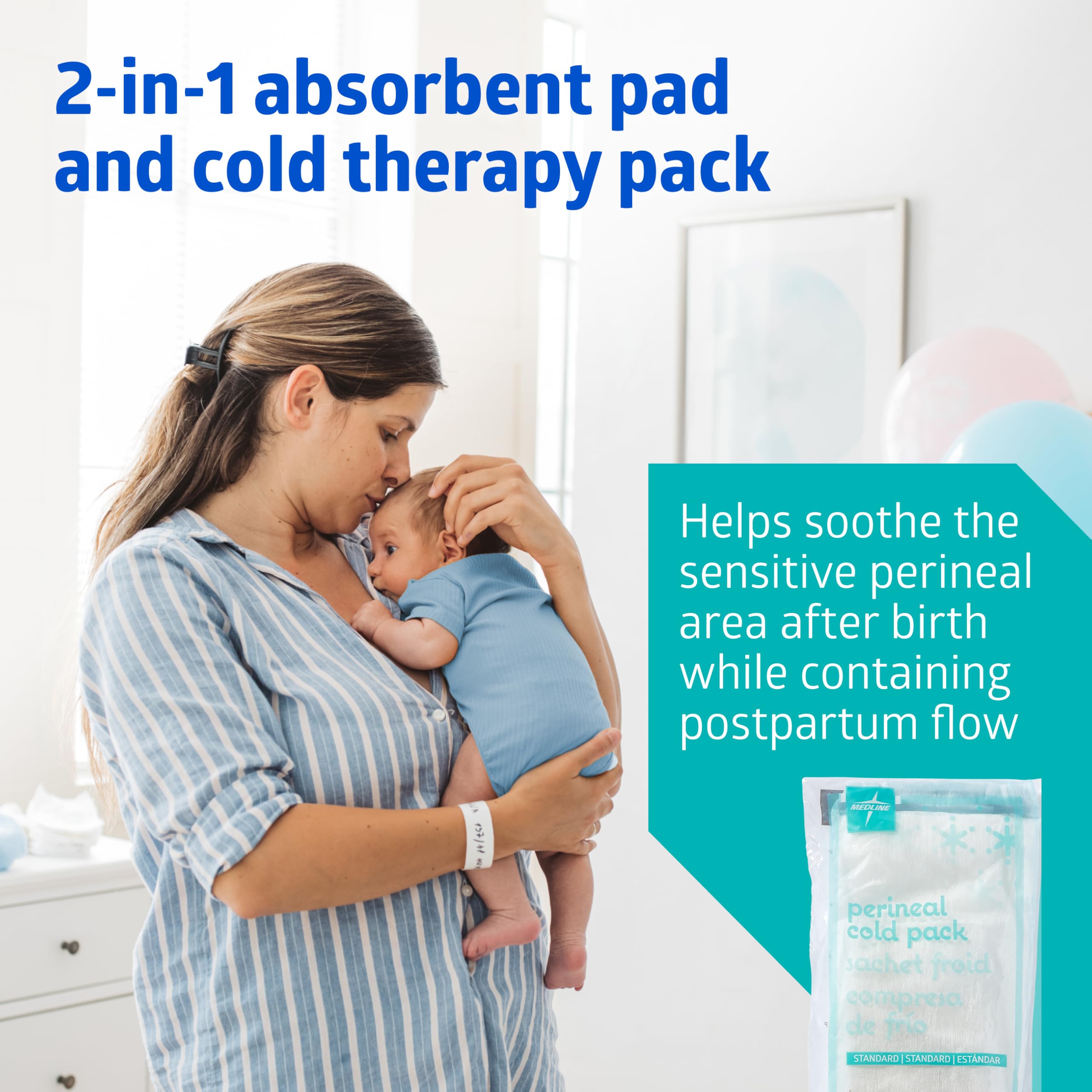 Medline perineal cold pack pad showing 4.5 x 14.25 inch size for targeted relief.