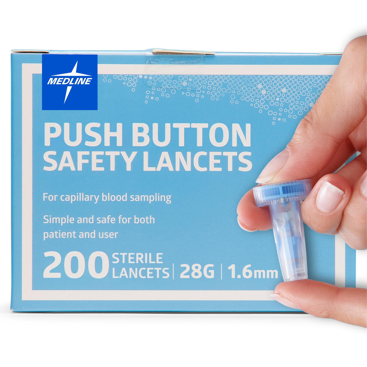 Medline safety lancets with push-button activation for easy blood sampling.