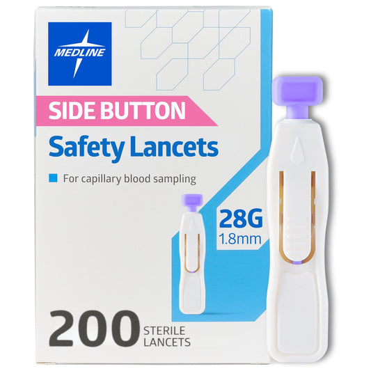 Medline Safety Lancets side-button activation for a quick, gentle puncture during testing