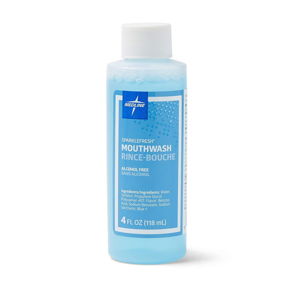 Medline SparkleFresh mouthwash bottle, 4oz, promotes fresh breath and gentle care for sensitive gums.