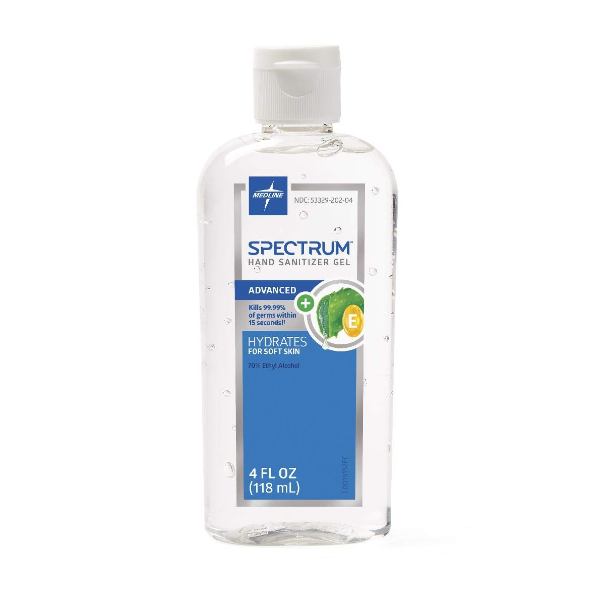 Medline Spectrum Advanced Gel Hand Sanitizer bottle with Aloe and Vitamin E, fast-drying for healthcare workers.