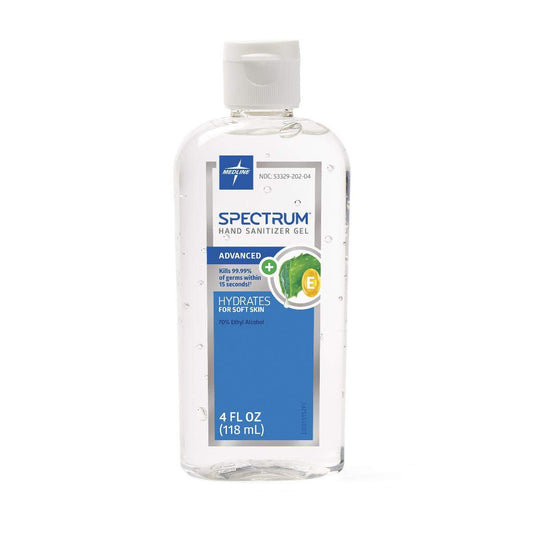 Medline Spectrum Advanced Gel Hand Sanitizer bottle with Aloe and Vitamin E, fast-drying for healthcare workers.