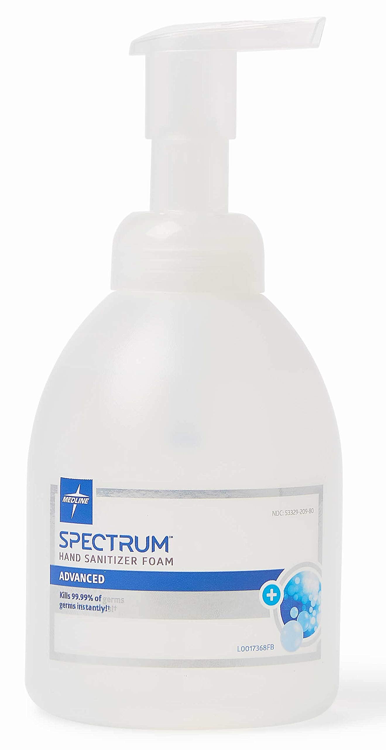 Medline Spectrum foam hand sanitizer pump bottle in use, 70% ethyl alcohol for rapid germ reduction.