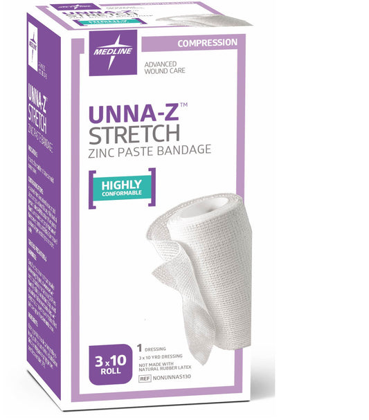 Medline Unna-Z bandage roll provides conformable zinc oxide compression for comfortable self-application.