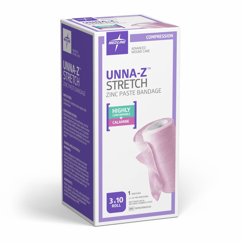 Medline Unna-Z Stretch Bandage with zinc oxide and calamine for mild compression and skin comfort.