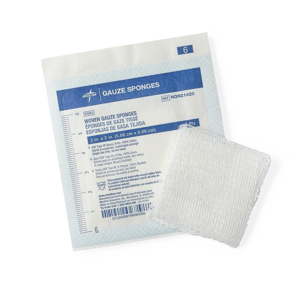 Medline woven gauze sponges 2x2 inch for wound care and packing.