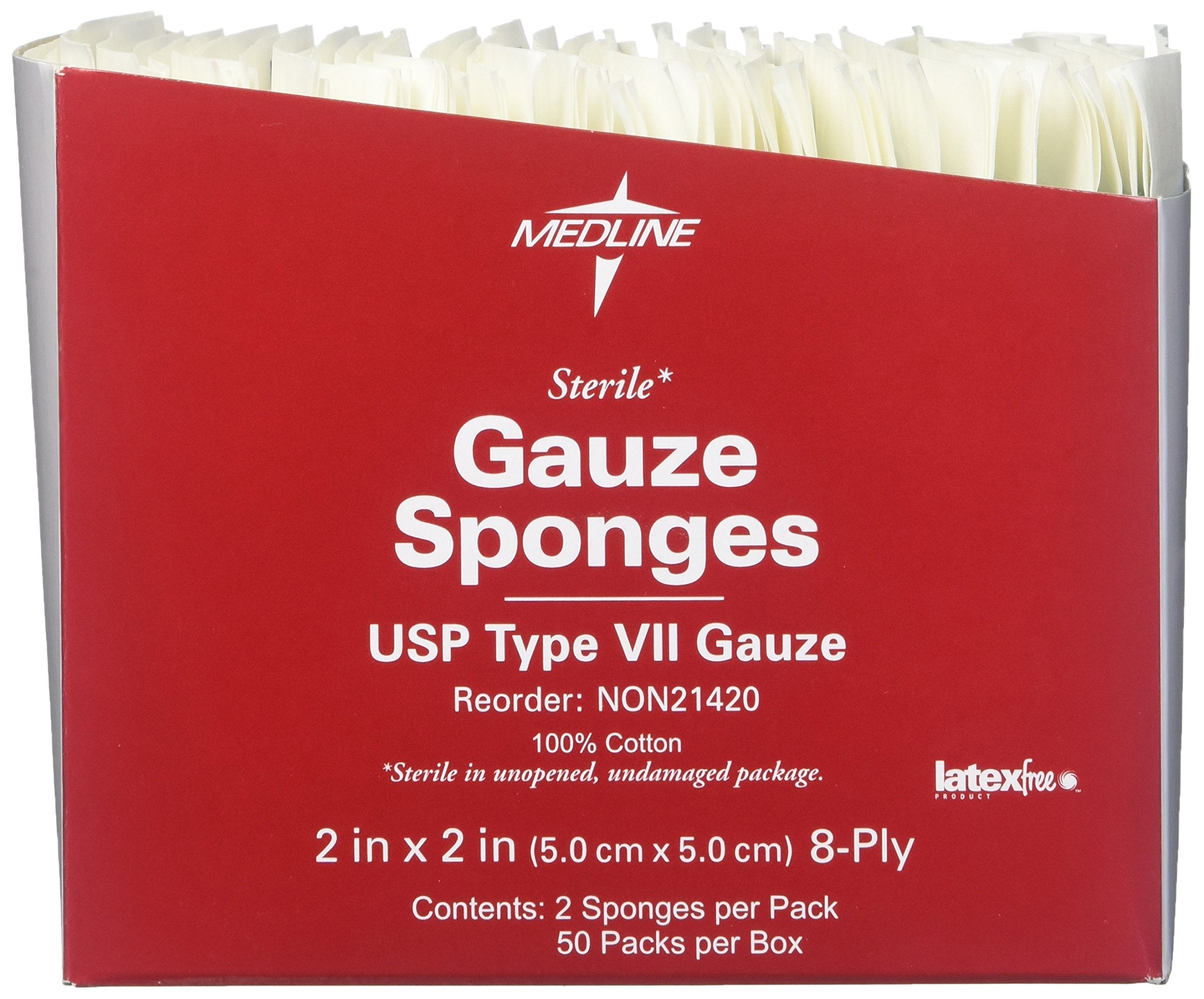 C-fold design minimizes loose threads in Medline gauze sponges.