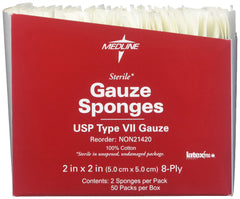 C-fold design minimizes loose threads in Medline gauze sponges.