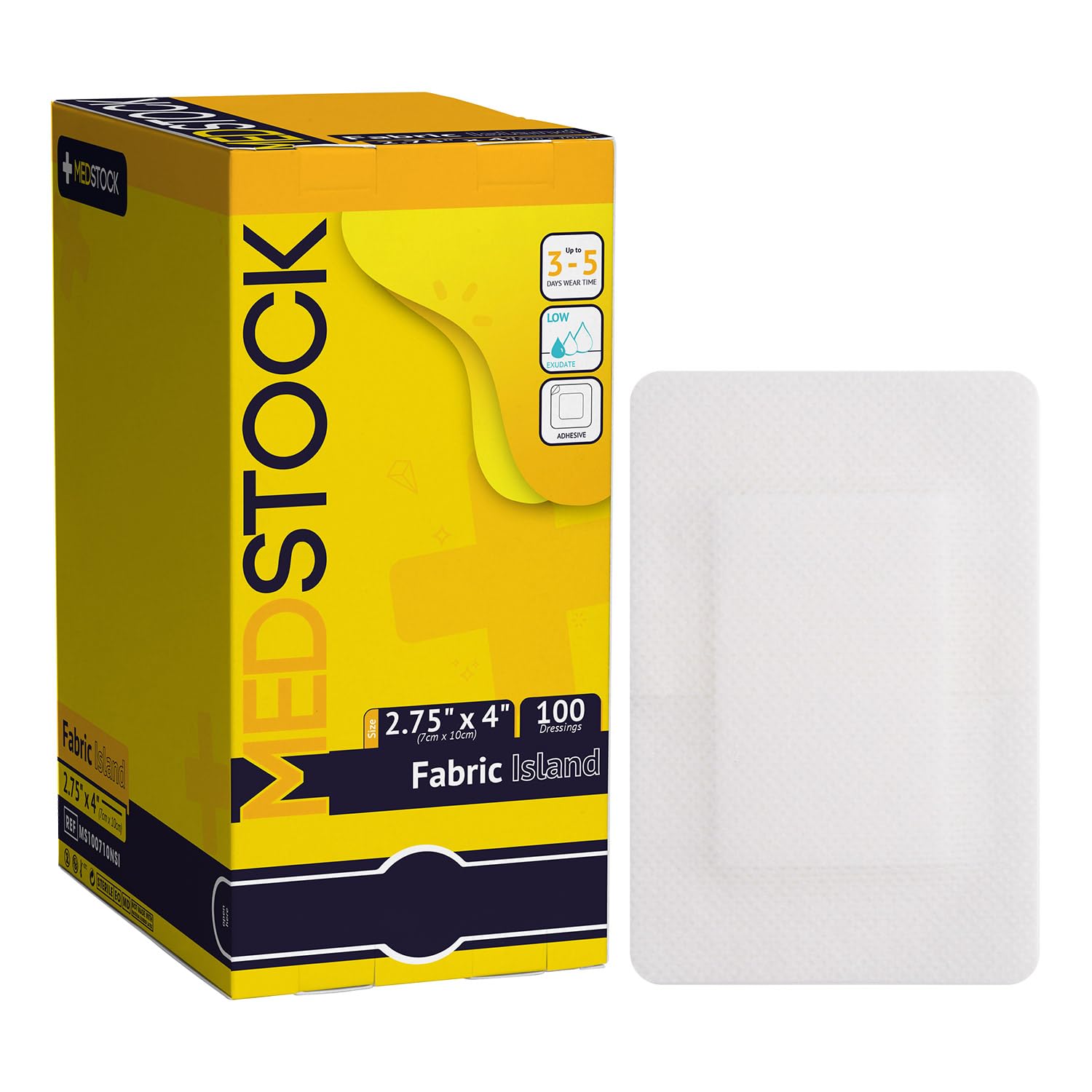 MEDSTOCK Fabric Island Dressing packaging showing a 100-count box for easy wound care