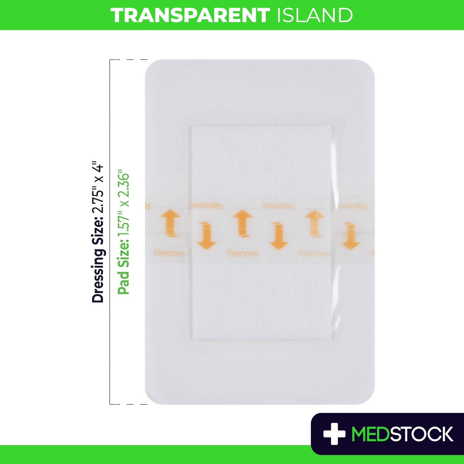 MEDSTOCK Transparent Island Dressing highlights breathable material for skin comfort.