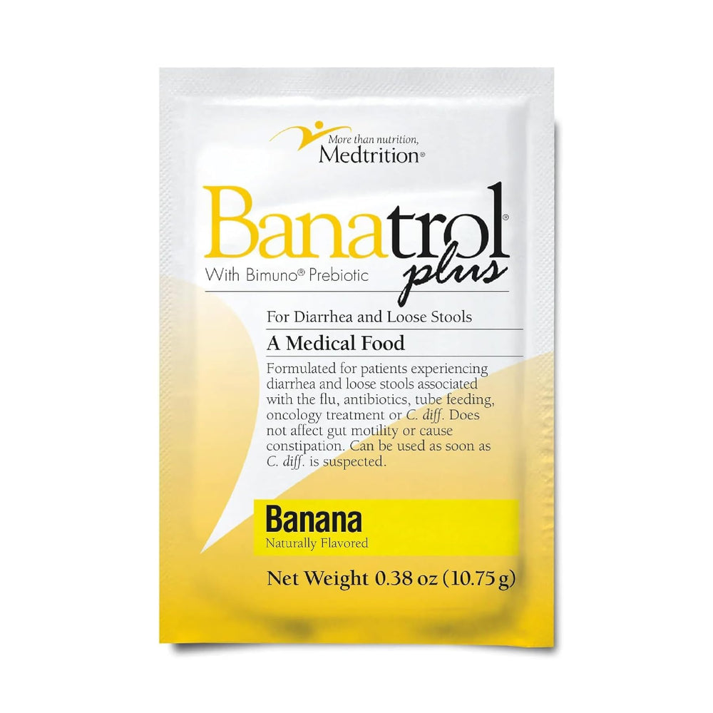 Medtrition Banatrol banana bottle front view showing packaging for easy diarrhea relief