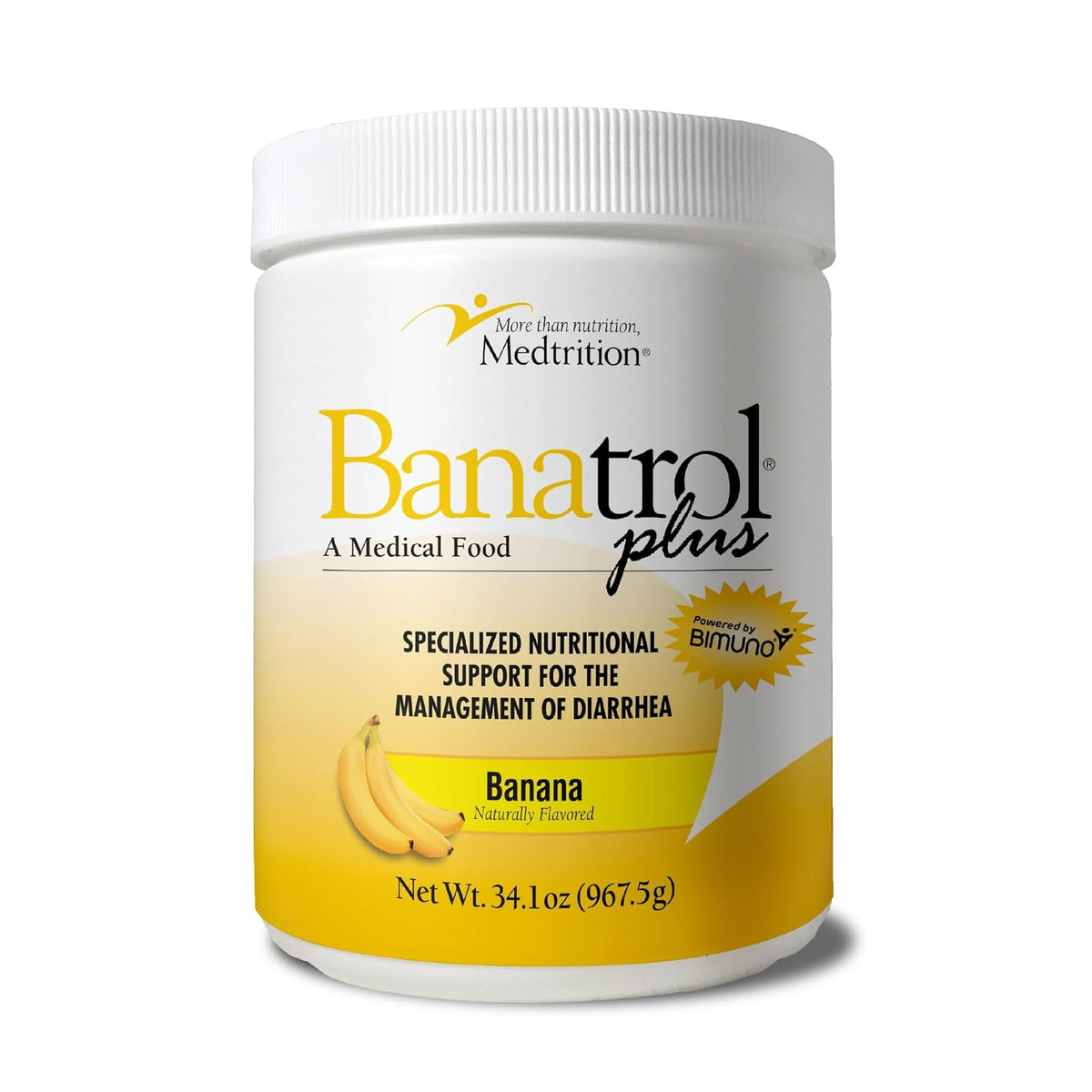 Medtrition Banatrol natural anti-diarrheal bottle shown for fast, non-constipating relief.