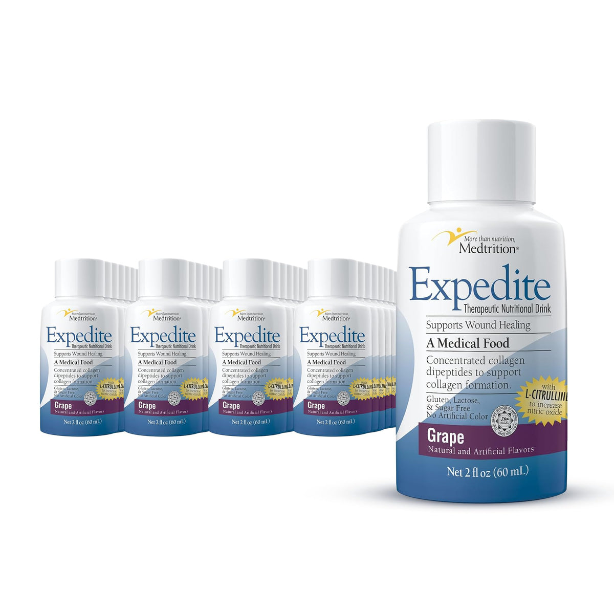 Medtrition Expedite grape liquid collagen bottle close-up for recovery support.