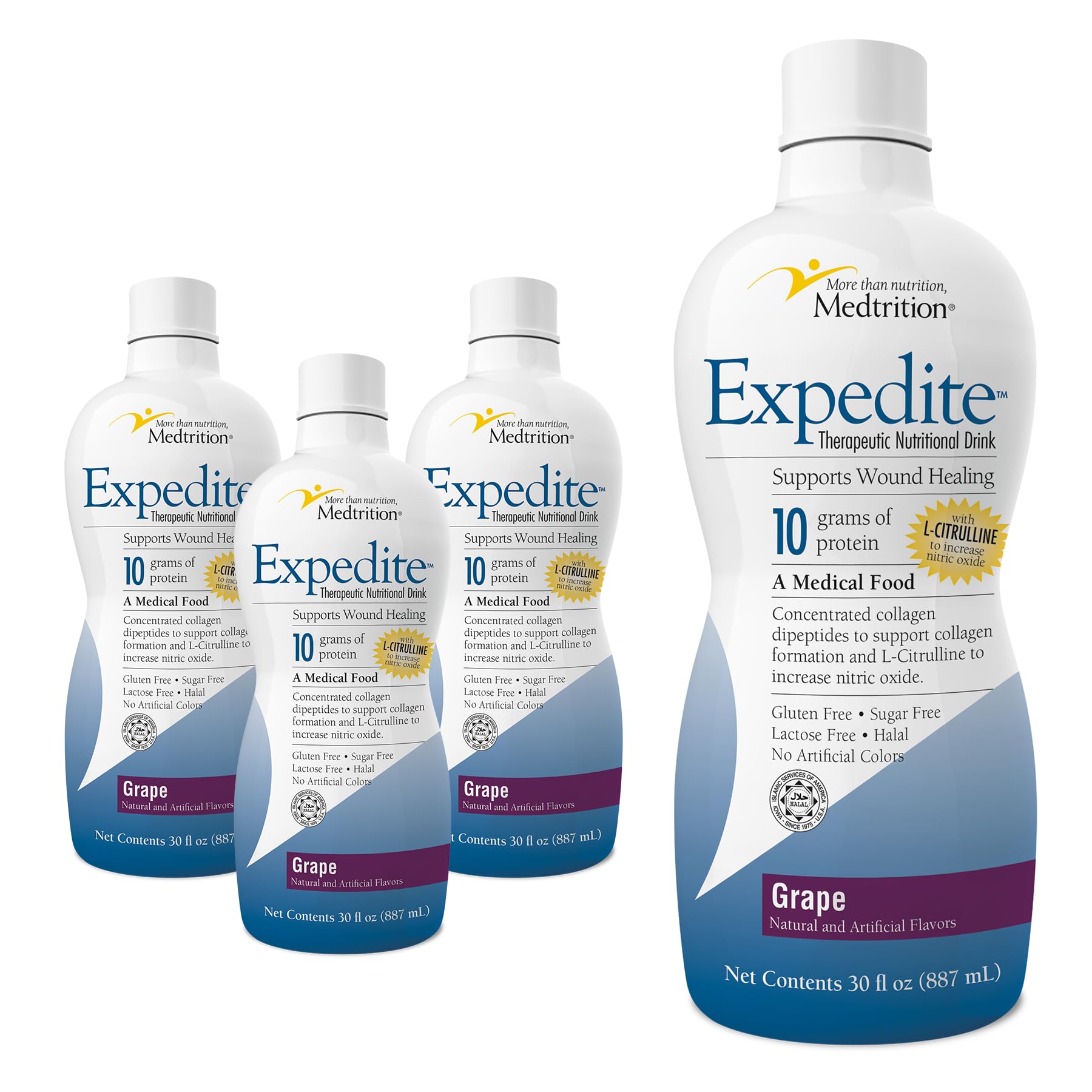 Medtrition Expedite grape liquid collagen bottle on a kitchen counter for recovery nutrition