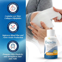 Close-up label on Medtrition Expedite peach mango bottle illustrating flavor